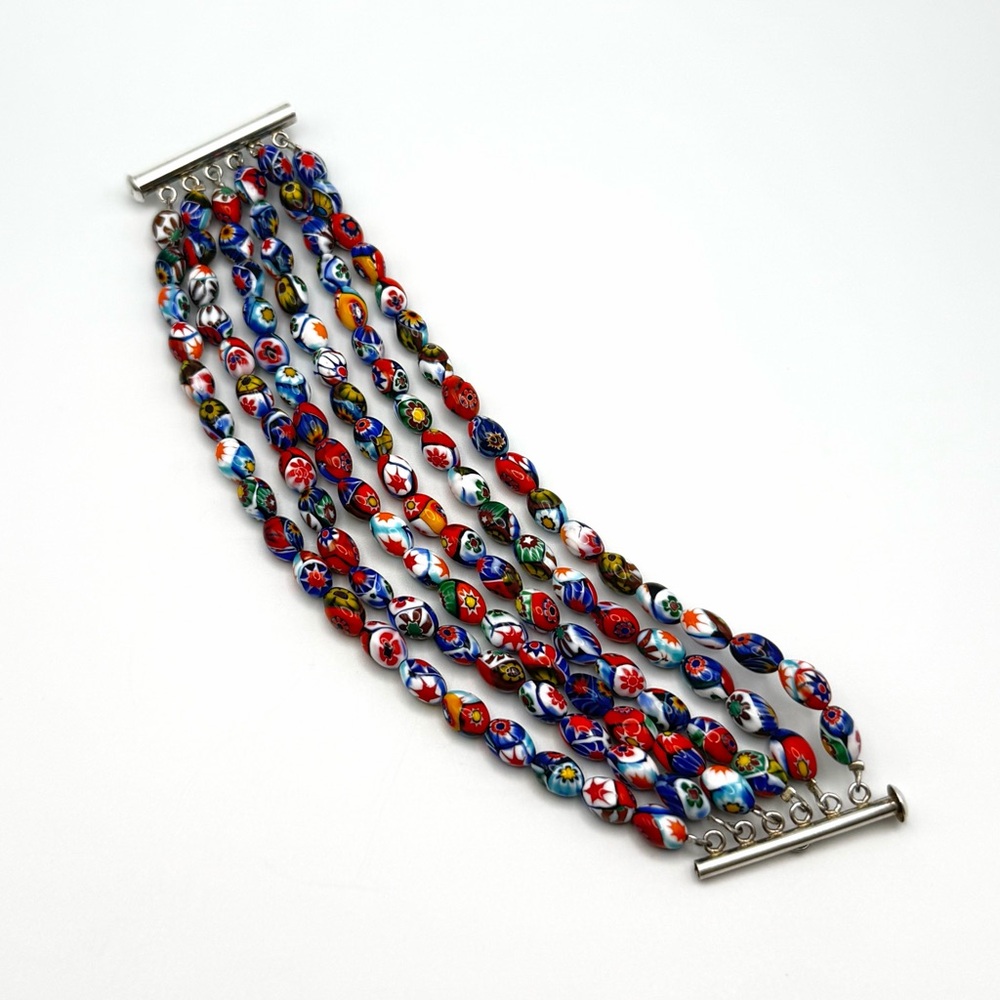 Vintage Murano Millefiori Glass Multi-Strand Bracelet 925 Sterling Silver Clasp - Picture 6 of 16